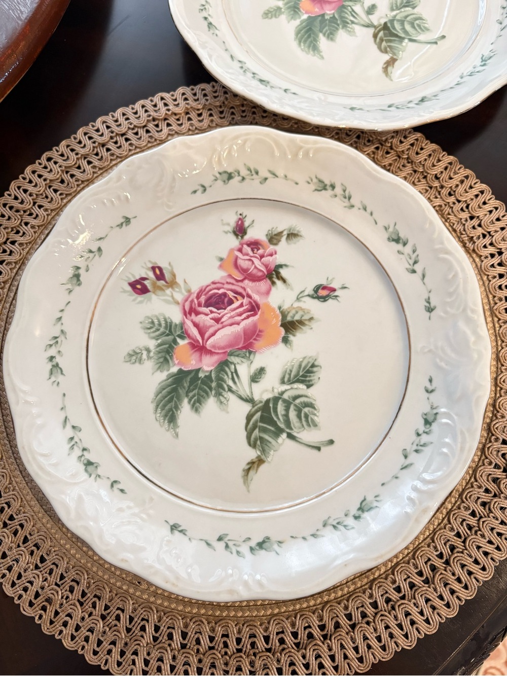 Gibson Pink Rose Floral Dinner Plate with Green Leaves